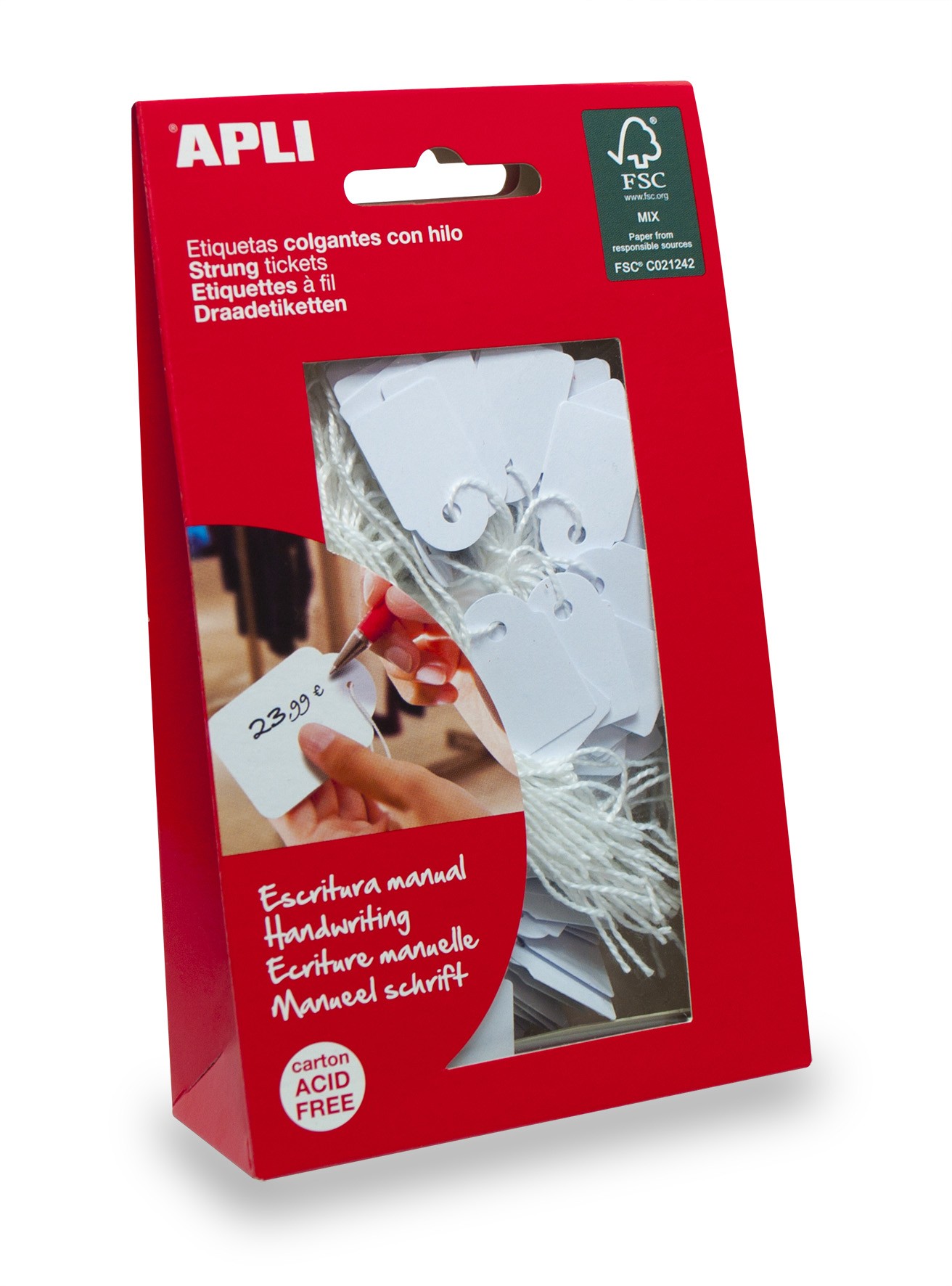 APLI 07012 - Étiquettes à fil blanches 28 x 43 mm en carton de 200g/m² avec trou perforé avec fIl polyester Blanc ajustable APLI 07012