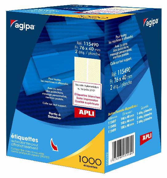 APLI 115490 - Etiquettes blanches affranchissement 76mm x 40mm - 2 front APLI 115490