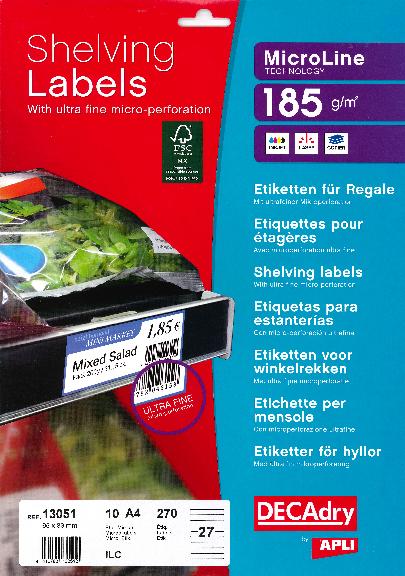 APLI 13051 - Etiquettes bristol pour étagères microperforées blanches 65 x 33 mm 185gr/m2 APLI 13051