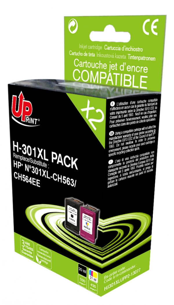 301XL Pack C - Pack de 2 cartouches jet d'encre noire et couleur générique pour HP 301XL H301XL Pack 301XL Pack C