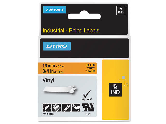 DYMO 18436 x5 - Pack de 5 Rubans tape vinyl Noir-orange 19mm ref S0718500 DYMO 18436 x5