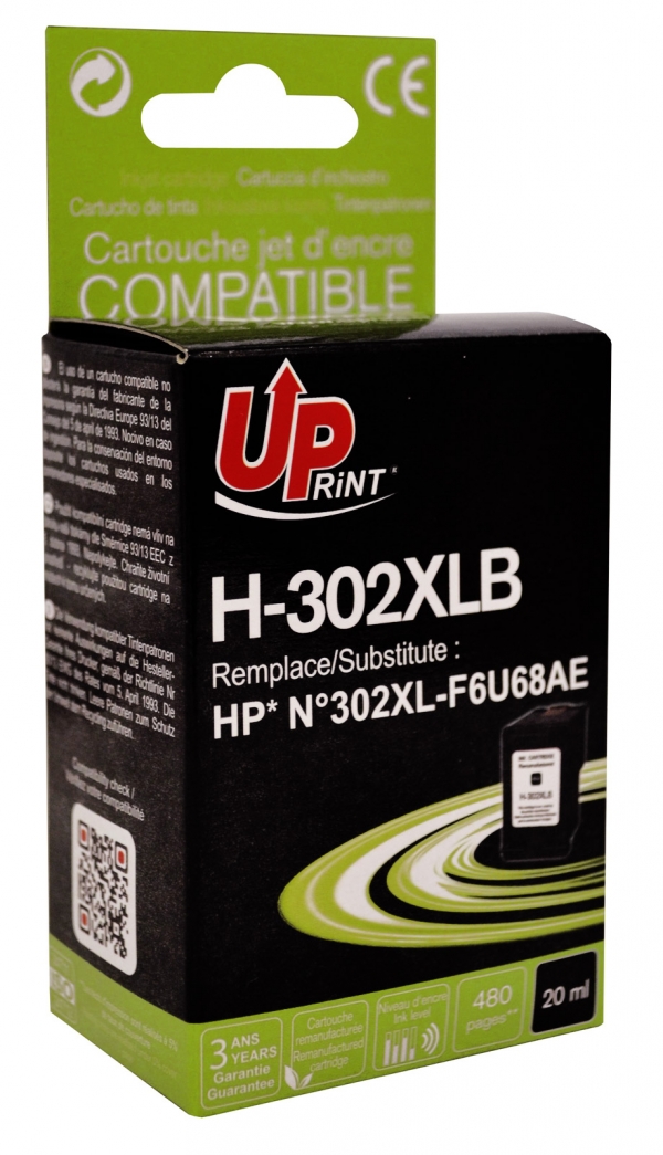 F6U68AEC - Cartouche Compatible Uprint Haute Qualité jet d'encre noire pour n°302XL H302XLB F6U68AE F6U68AEC