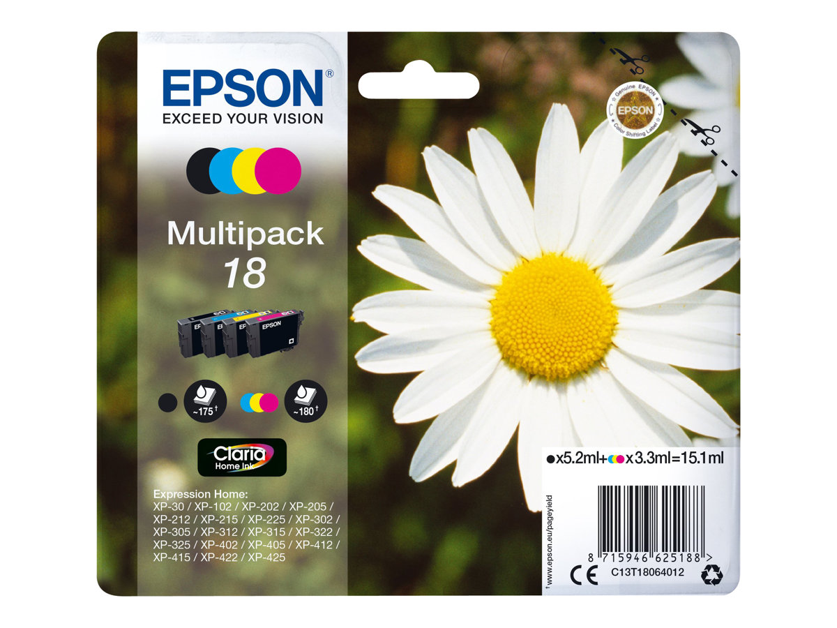 EPSON T1806 - Pack 4 cartouches jet d'encre noire et couleurs epson C13T180640 "Pâquerette" EPSON T1806