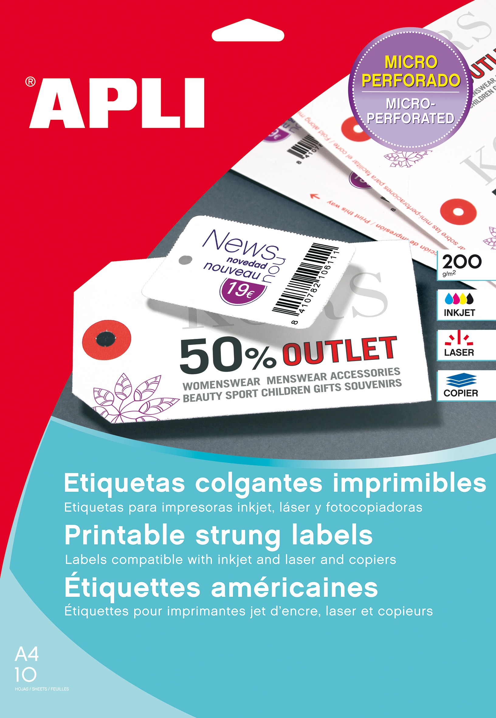 APLI 10234 - Etiquettes américaines à fil imprimable 36 x 53 mm support A4 sans fil 200gr avec Oeillet Blanche APLI 10234