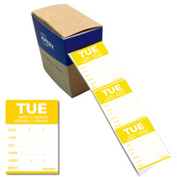 AVERY DLDTUEREV-500 - AVERY Étiquette jour TUE, 40 x 56 mm, jaune champs inscriptibles, coins arrondis, amovible, inscriptible à la main, pour des informations conformes HACCP, avec jour de la semaine "mardi" (en 5 langues) contenu: 500 pièces sur rouleau dans une boîte distributrice (DLDTUEREV-500) langues: anglais, français, allemand, italien et néerlandais pour l'identification des aliments AVERY DLDTUEREV-500